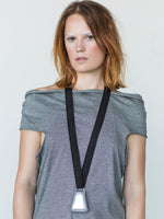 DESIGNS BY SONIA, T-SHAPE, ALUMINUM AND WIDE BLACK JAPANESE LINEN, NECKLACE