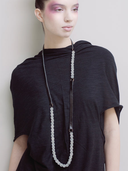 DESIGNS BY SONIA, BLACK LUXURY ITALIAN LEATHER, AND OLD BEADS MEDIUM SIZE, ASYMMETRICAL NECKLACE