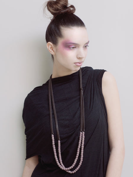 DESIGNS BY SONIA, BLACK ITALIAN LEATHER AND SMALL OLD BEADS, DOUBLE LAYER NECKLACE