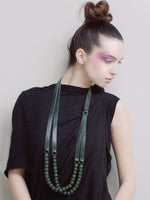 DESIGNS BY SONIA, BLACK ITALIAN LEATHER AND LARGE OLD BEADS, DOUBLE LAYER NECKLACE