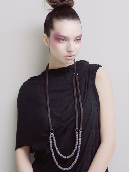 DESIGNS BY SONIA, BLACK SLIM ITALIAN LEATHER AND OLD BEADS, DOUBLE LAYER NECKLACE