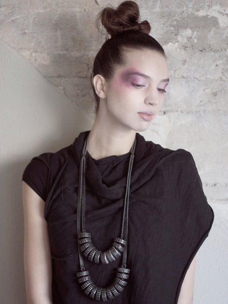 DESIGNS BY SONIA, BLACK ALUMINUM SHEET PRESSED ON WOOD, NECKLACE